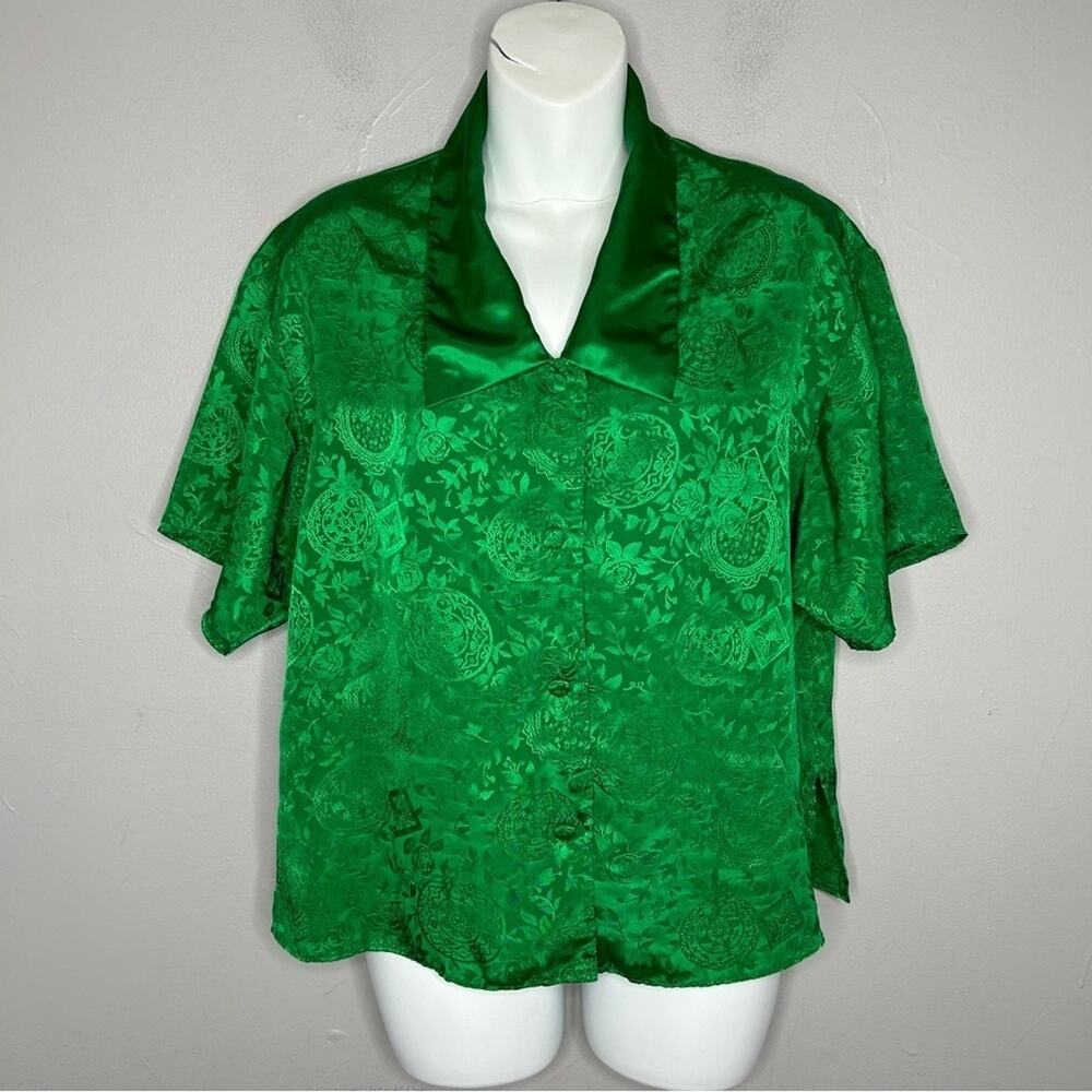VICTORIAS SECRET Vintage Gold Label Pajamas Top Womens Size Small Green Satin